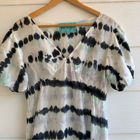 Amanda Bond Silk Alix Dress White Black Green Combo XS/S Semi-sheer V Neck - Picture 2 of 8